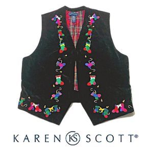 Vintage Karen Scott Christmas Vest velvet plaid lining stockings bells med